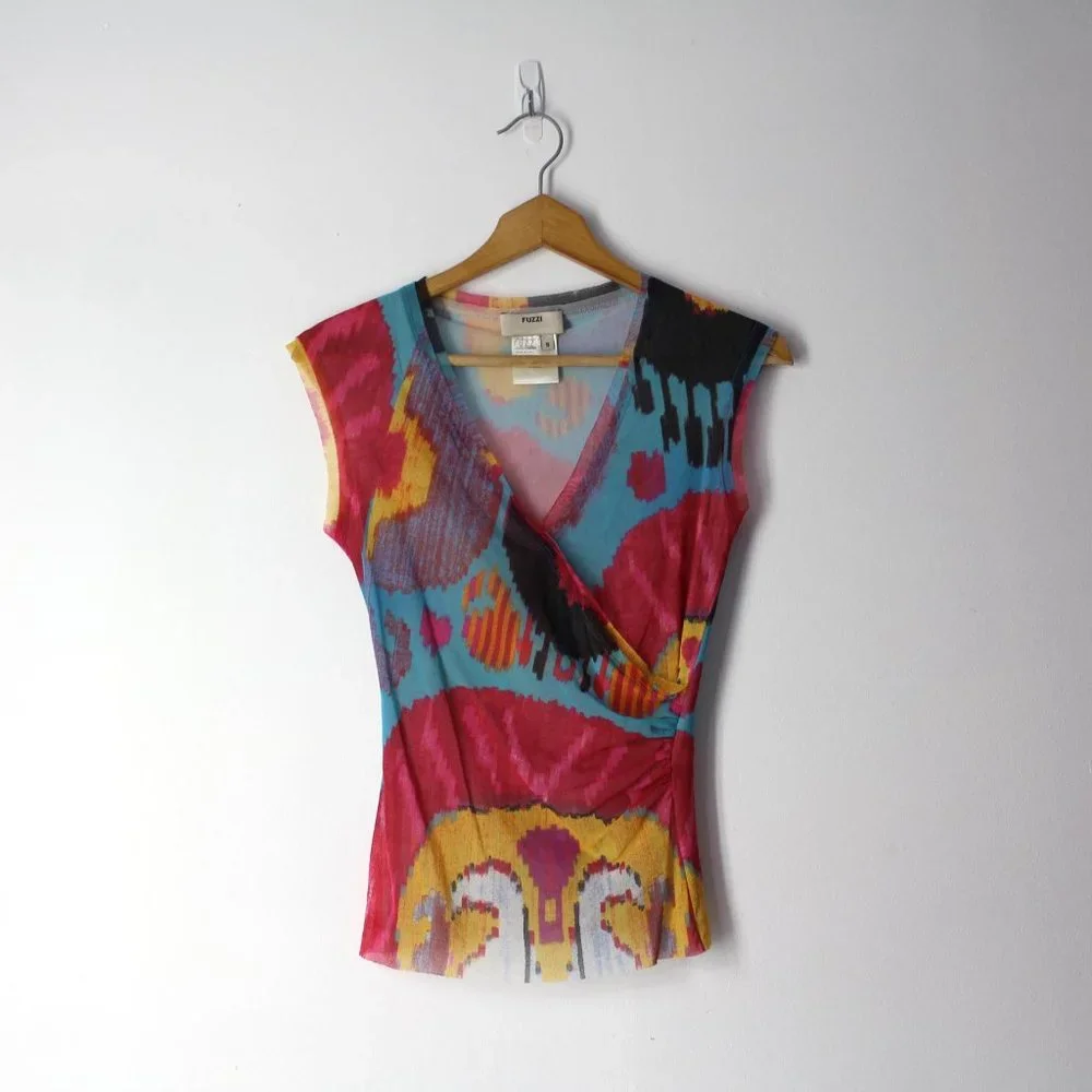 FUZZI Italy sz S stretch mesh V-neck tank top blouse abstract art multi print